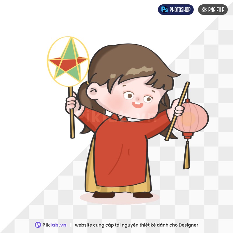 A cute girl holding a star lantern on transparent background, Mid-Autumn Festival, bé gái rước đèn ông sao, PNG file
